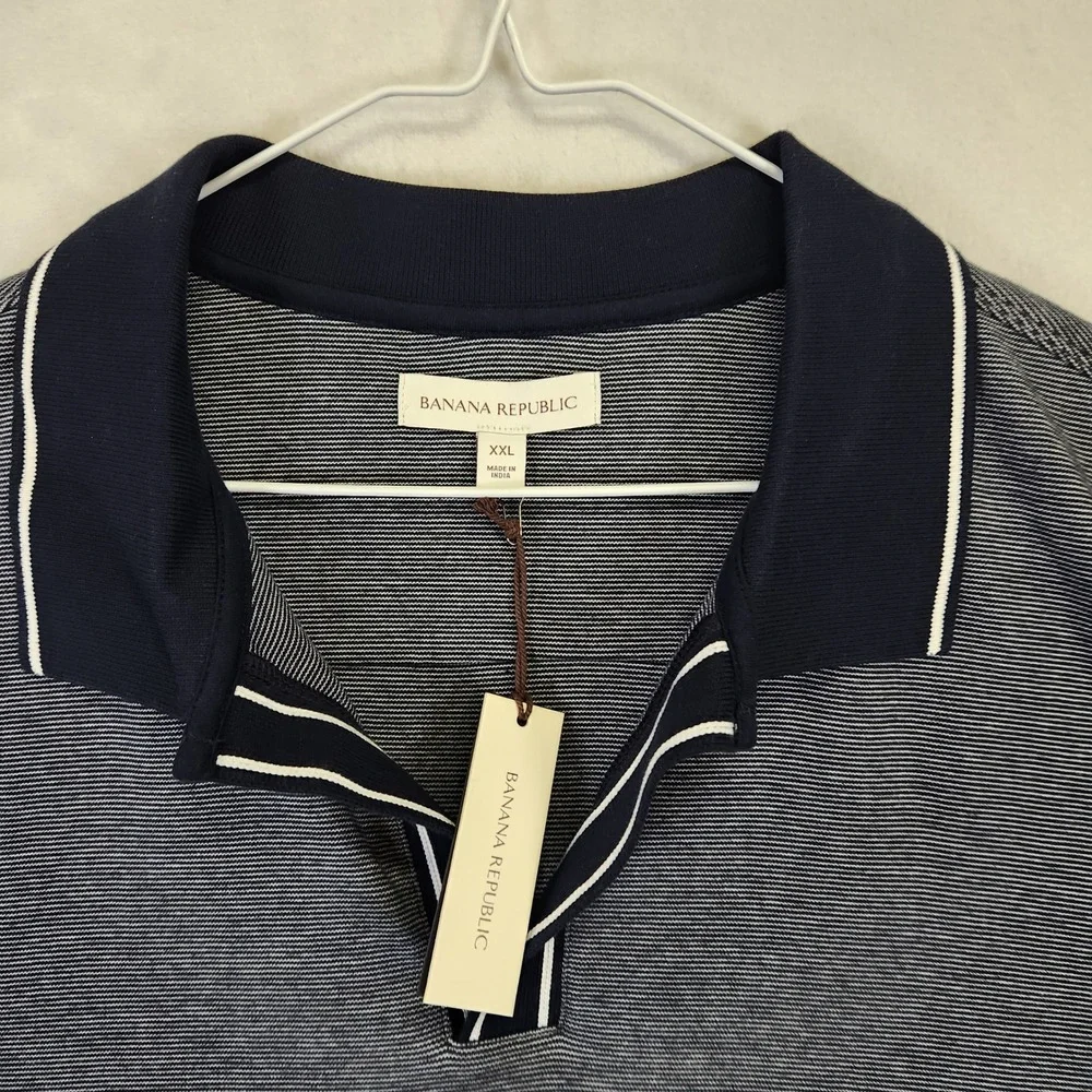 Banana Republic Mens XXL Navy White Micro Stripe Tipped Collar Polo‎ Shirt NWT